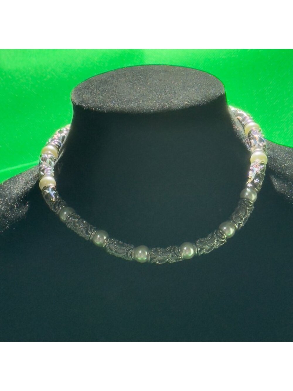 Elegant Silver-Tone Necklace With White Faux Pearl Beads & Ornate Metal Spacers